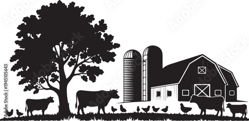 Black and white farm scene with barn silo tree cows and chickens