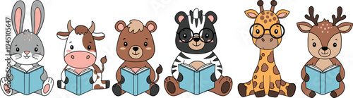 Cute animals reading books set with rabbit cow bear raccoon giraffe deer cartoon vector illustration for kids education design