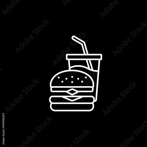 Minimalist white outline of burger and beverage on black background