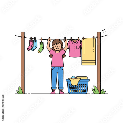 A cartoon girl hanging laundry on a clothesline