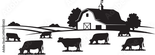 Black and white farm scene with cows and barn rural