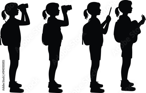 Silhouette child with backpack, girl ponytail, binoculars camera drawing guitar, education exploration creativity learning hobbies vector art