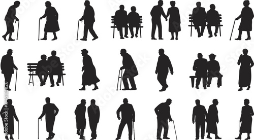 Collection of elderly people silhouettes in various poses and activities on white background senior