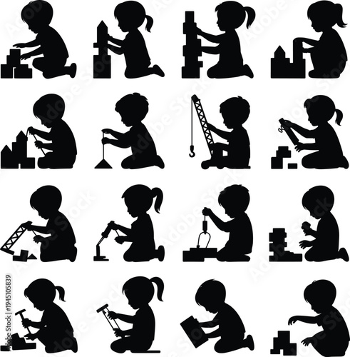 Silhouette children building toys, construction play activity, creative learning development, blocks tools cranes hammers vector illustration artwork design