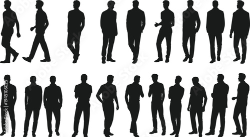 Collection of Male Silhouettes in Various Poses and Attire standing walking