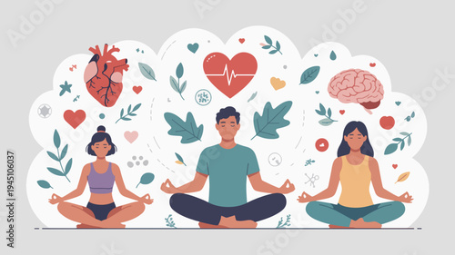 People meditating in lotus position with heart brain symbols and leaves around them in a calm atmosphere for wellness and mindfulness concepts