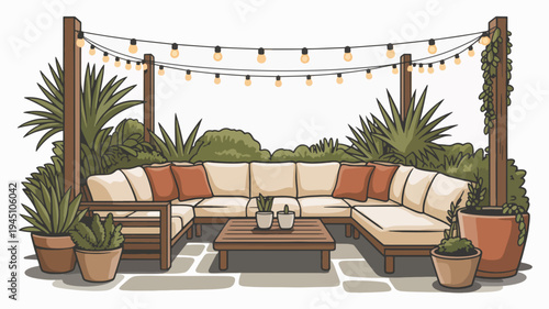 Outdoor patio furniture with sectional sofa and plants on a sunny day in a backyard setting