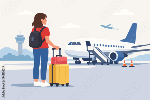 Female Traveler with Backpack and Yellow Suitcase Standing on Airport Tarmac Waiting to Board a Plane, Flat Vector Illustration of a Woman Passenger at the Airport with Aircraft and Control Tower