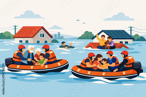 Emergency rescue teams in orange boats evacuating families, children, and elderly people from submerged houses during a severe flood disaster, flat vector illustration of humanitarian aid.