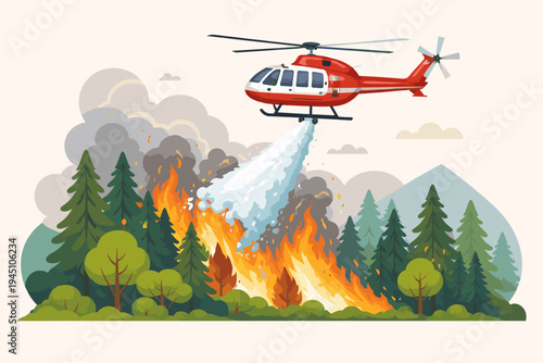 Red firefighting helicopter spraying water and chemicals to extinguish a raging forest wildfire in a pine wood with thick smoke and orange flames, flat vector illustration for disaster relief.