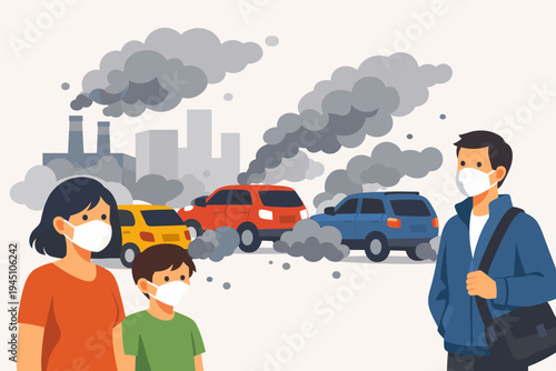 Urban Air Pollution Concept with People Wearing Face Masks Standing Near Traffic and Industrial Factories Emitting Smoke and Smog, Flat Vector Illustration for Environmental Awareness and Health.