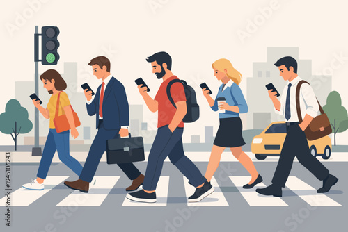 Diverse group of people and business professionals walking across a city street crosswalk while distracted by their smartphones, flat vector illustration of urban life and technology addiction.