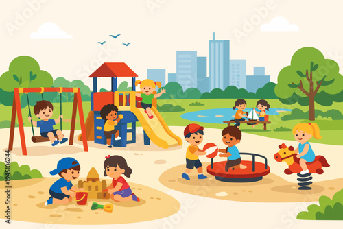 Happy children playing at a city park playground with a slide, swing, sandbox, and roundabout. Kids having fun outdoors on a sunny day with a city skyline background. Flat vector illustration.