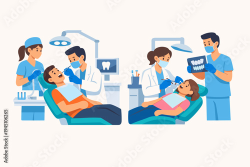 Dental care clinic illustration with professional dentists treating adult and child patients. Male and female doctors performing oral checkups with nurses, medical equipment, and X-ray results.