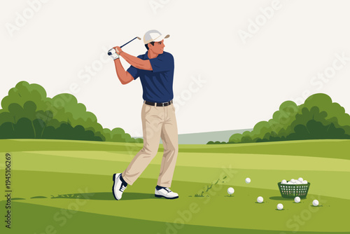 Male Golfer Practicing Swing on Green Field with Basket of Golf Balls, Flat Vector Illustration of Professional Athlete Playing Golf on Course with Trees and Hills Background, Sports Concept