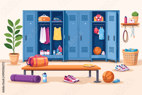 Flat Vector Illustration of a Female Athlete Locker Room Featuring Blue Lockers, Sports Equipment, Gym Bags, Sneakers, Basketballs, Yoga Mat, Water Bottles, and Exercise Gear in a Clean Interior.