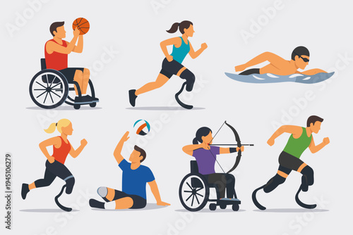 Diverse disabled athletes set including men and women with physical impairments competing in sports like wheelchair basketball, running with prosthetics, swimming, sitting volleyball, and archery.
