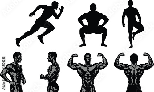 Bodybuilder athlete silhouette set vector illustration, muscular male fitness training poses collection including running squat flexing bodybuilding workout icons