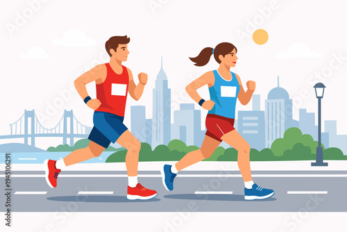 Male and female marathon runners jogging on a city street with a skyline backdrop, bridge, and park. Flat vector illustration of a young couple exercising outdoors for health and fitness.