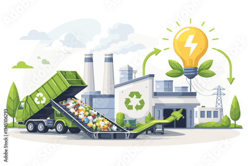 Waste to Energy Concept Vector Illustration with Garbage Truck Dumping Trash into Recycling Factory to Generate Clean Electricity, Sustainable Green Power and Environmental Conservation Design.