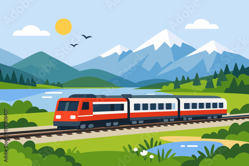 Flat vector illustration of a modern red and white passenger train traveling on tracks through a scenic landscape with snow-capped mountains, a blue lake, green hills, and a sunny sky background.