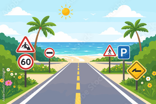 Flat vector illustration of a scenic road leading to a tropical seaside beach with traffic signs, palm trees, and a sunny sky, perfect for summer vacation, travel, and road safety concepts.