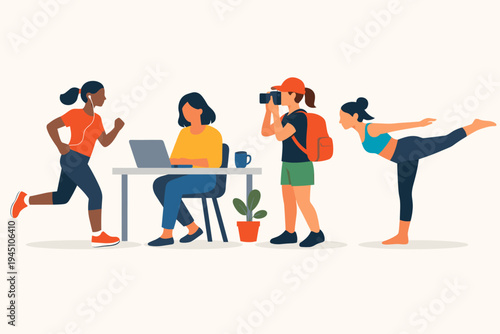 Flat vector illustration of diverse women engaged in various activities like running, working on a laptop, photography, and yoga, representing a balanced modern lifestyle and healthy habits.