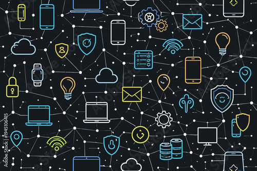 Seamless Technology Connection Pattern on Black Background. Flat Vector Illustration of Digital Network Icons like Smartphones, Laptops, Clouds, and Security Shields for IoT and Data Connectivity.