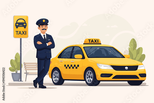 Professional Taxi Driver in Blue Uniform Standing by a Yellow Cab at a City Taxi Stand, Chauffeur Waiting for Passengers, Urban Transportation Service Concept, Flat Vector Illustration.