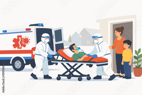 Medical Team in PPE Suits Transporting a COVID-19 Patient on a Stretcher to an Ambulance while Family Watches from Home. Emergency Healthcare Response and Pandemic Patient Care Illustration.
