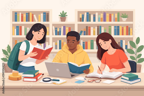 Diverse group of college students studying together in a library with bookshelves background, using laptop, reading books and taking notes for research project, simple flat vector illustration.