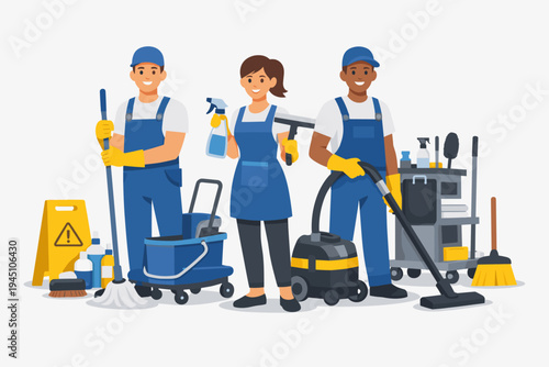 Professional Cleaning Team with Janitorial Equipment, Mop, Vacuum, and Supplies. Group of Cleaners in Blue Uniforms for Commercial and Residential Service. Flat Vector Illustration on White.