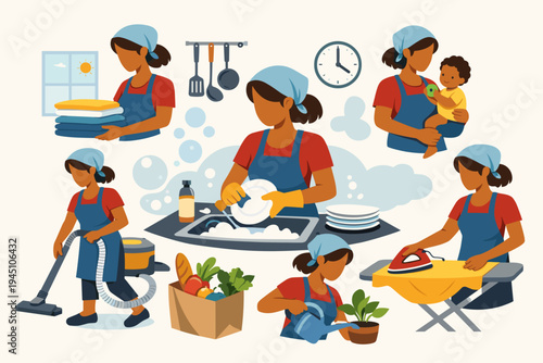Flat vector illustration set of a busy housewife or domestic worker performing various daily household chores like washing dishes, vacuuming, ironing, laundry, childcare, and watering plants.