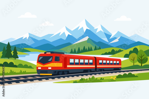 Red passenger train traveling on tracks through a scenic mountain landscape with snow-capped peaks, green hills, a blue lake, and a clear sky. Flat vector illustration of a railway journey.