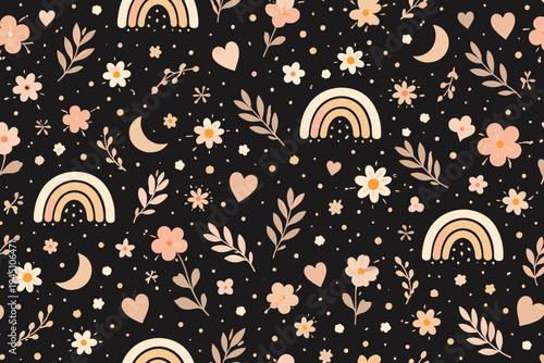 Boho Seamless Pattern with Hand Drawn Rainbows, Floral Elements, Leaves, Hearts, and Crescent Moons on Black Background. Whimsical Bohemian Vector Illustration for Nursery Wallpaper and Textile.