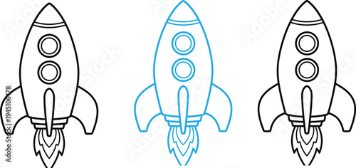 Three rocket ship illustrations in black and blue
