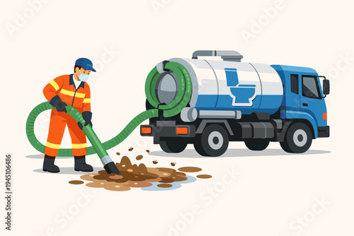 Professional Sanitation Worker in Orange Safety Gear and Mask Vacuuming Sewage and Feces Using a Large Green Hose Connected to a Blue Toilet Pump Truck, Waste Management Service Flat Vector Design