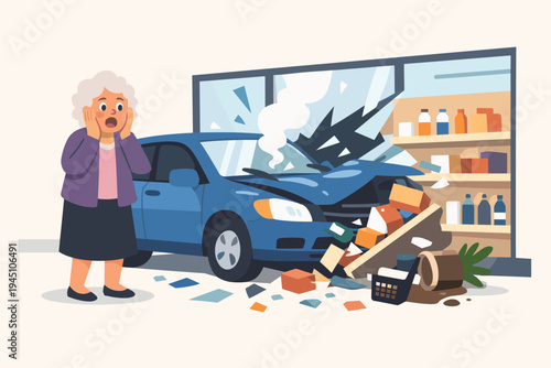 Shocked elderly woman driver standing next to her blue car after crashing through a store window into grocery shelves, flat vector illustration of a car accident and property damage scene.