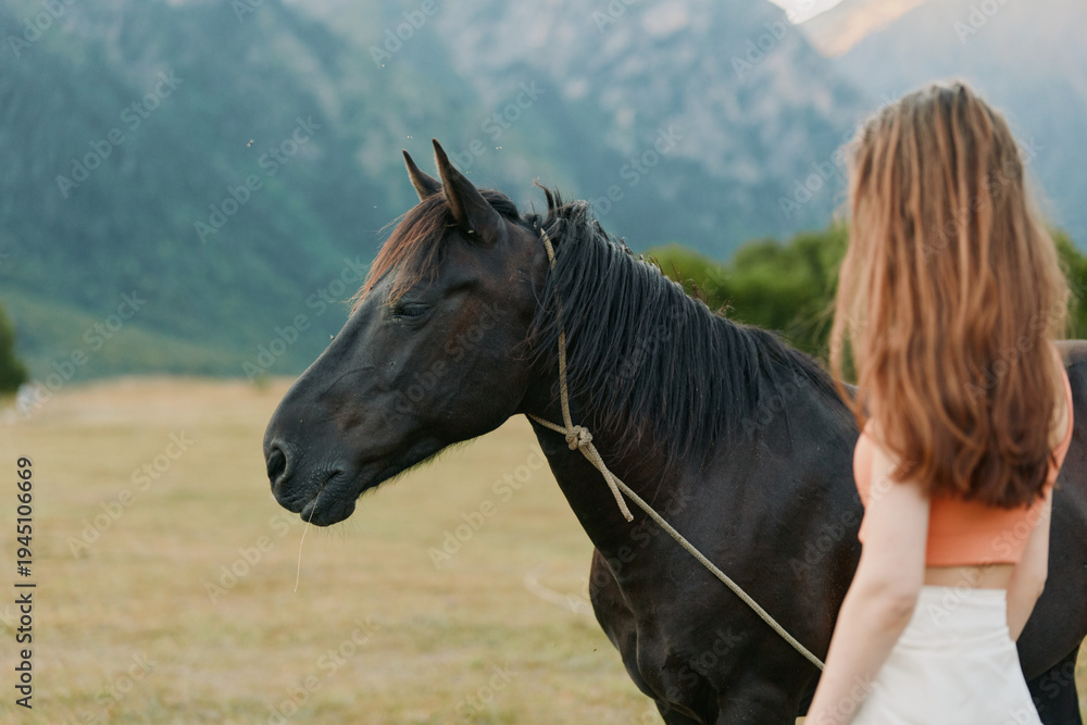 Obraz premium A woman stands beside a dark horse in a wide field with distant mountains. The scene conveys calm companionship and a quiet outdoor bond between human and animal.