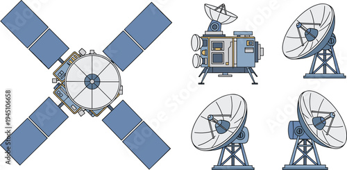 Satellite communication system with space satellite and ground station antennas for global signal transmission space technology telecommunications network concept flat vector illustration