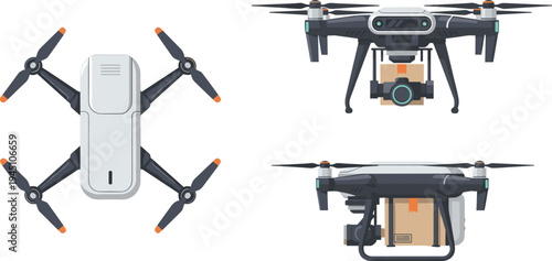 Delivery drone carrying package with camera and propellers modern aerial logistics technology concept flat vector illustration for autonomous shipping and smart delivery