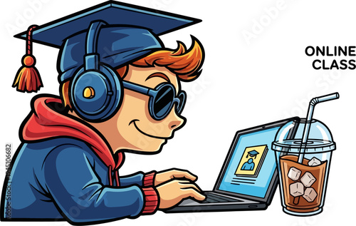 Academic boy wearing a graduation cap attending an online class