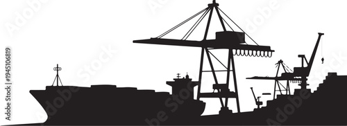 Black silhouette cargo ship dock cranes