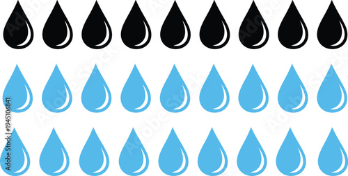 Three rows of raindrop icons in black and blue with gradient effects