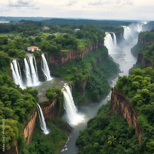 Panoramic view of Iguazu Waterfalls cascading over cliffs in lush subtropical forest landscape, nature travel photography