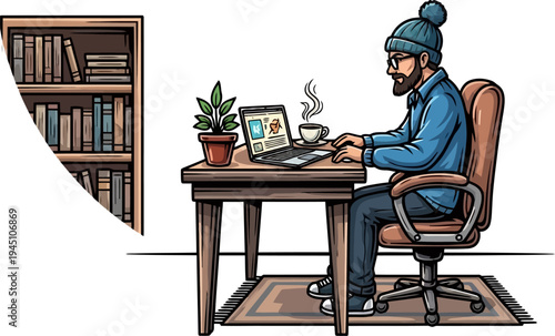 Bearded man in beanie working on laptop at home office