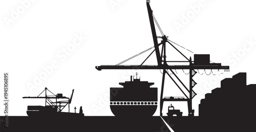 Black silhouette cargo ship dock cranes