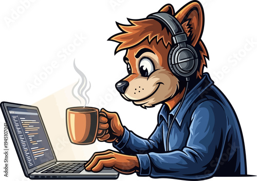 Canine coder working on laptop with headphones and coffee