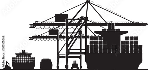 Black silhouette cargo ship dock cranes containers