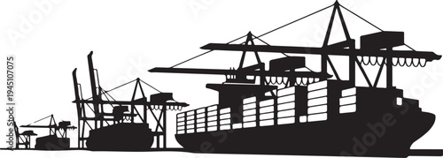 Black silhouette cargo ship dock cranes